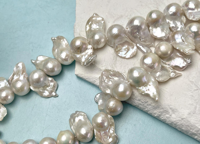 12-13x20 mm AAA Half Strand Large Hole Natural White Freshwater Baroque Pearl Genuine High Luster Top Drilled Baroque Pearl 15 Beads #P3131