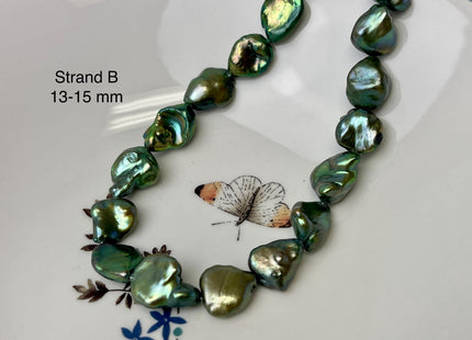 13-15 mm AAA Forest Green Color Jumbo Keshi Freshwater Pearl Beads Center Drilled Very Rare High Luster Huge Paddle Keshi Pearl #P3114