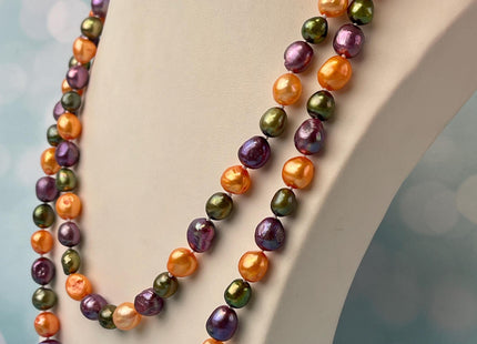8-9x10-11 mm 40/54/64 Inches Hand Knotted Mixed Purple Green Orange Color Rice Nugget Freshwater Pearl Necklaces #P2909
