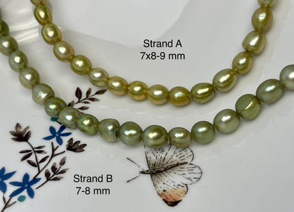 7x8-9 mm AAA Large Hole Green Color Rice Nugget Freshwater Pearls Hole Size 2.1 mm Lustrous Genuine Rice Nugget Pearl Beads #P3118