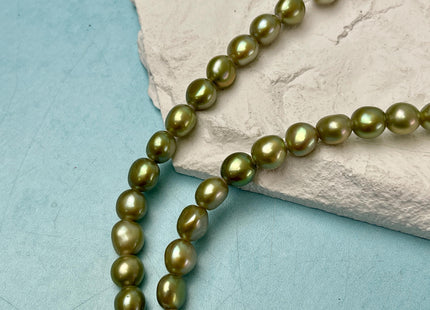 7x8-9 mm AAA Large Hole Green Color Rice Nugget Freshwater Pearls Hole Size 2.1 mm Lustrous Genuine Rice Nugget Pearl Beads #P3118