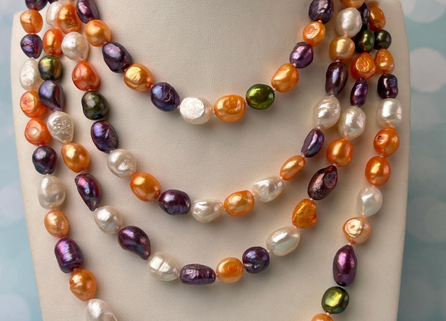 8-9x10-11 mm 40/54/64 Inches Hand Knotted Mixed White Peacock Green Orange Color Rice Nugget Freshwater Pearl Necklaces #P2910