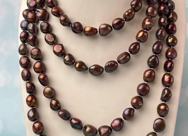 8-9x10-11 mm 40/54/64 Inches Hand Knotted Brown Color Rice Nugget Freshwater Pearl Necklaces #P2912