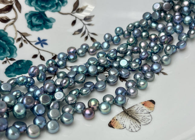 6.5-7 mm AAA Blue Peacock Round Button Freshwater Pearl Beads Genuine Top Drilled Button Freshwater Pearls #P2914