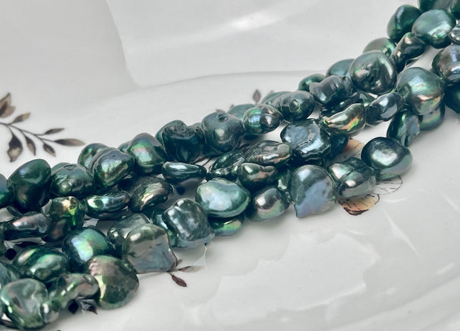 11-16 mm AA Dark Forest Green Color Biwa Keshi Nugget Freshwater Pearl Beads Center Drilled Genuine Freshwater Keshi Nugget Pearls #P2922