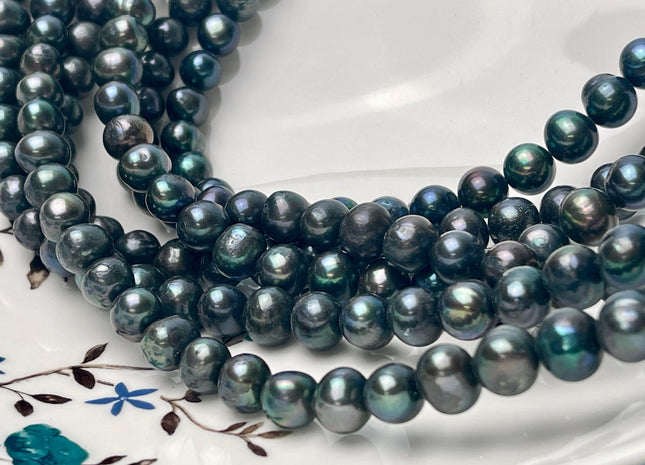 9-10 mm Dark Green Peacock Color Off Round Freshwater Pearl Beads Genuine Freshwater Pearl 44 Beads #P2927