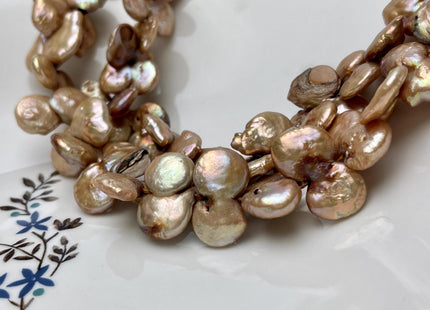 12 mm Champagne/Green Top Drilled Coin Freshwater Pearl Beads Genuine Freshwater Coin Pearl Beads #P2940
