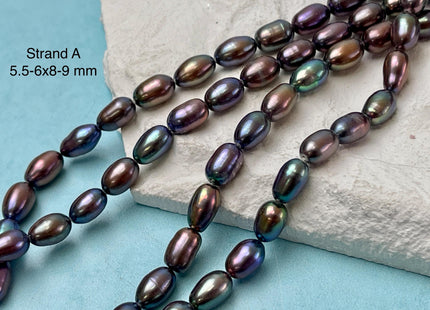 5.5-6x8-9 mm or 7.5-8x10 mm Rice Oval Freshwater Pearls Dark Purplish Metallic Peacock Color Genuine Freshwater Pearl Beads #1114