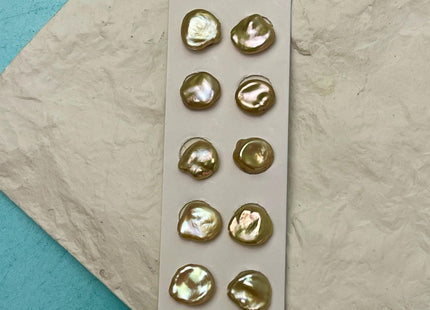 One Pair 10-12mm AAAA Gold Flat Keshi Freshwater Pearl Half Drilled Matching Earring Very Rare High Luster Cornflake Pearls #P2958