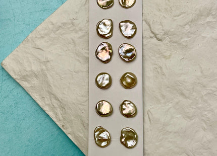 One Pair 10-12mm AAAA Gold Flat Keshi Freshwater Pearl Half Drilled Matching Earring Very Rare High Luster Cornflake Pearls #P2958