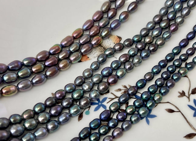 5-6x7-8 mm AAA Blue Rainbow Peacock Color Rice/Oval Freshwater Pearls Peacock Color Genuine High Luster Freshwater Pearl Beads #1199
