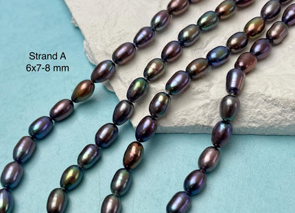 5-6x7-8 mm AAA Blue Rainbow Peacock Color Rice/Oval Freshwater Pearls Peacock Color Genuine High Luster Freshwater Pearl Beads #1199