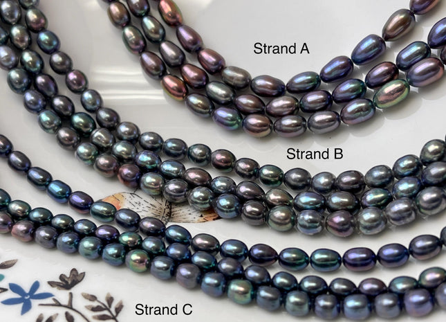 5-6x7-8 mm AAA Blue Rainbow Peacock Color Rice/Oval Freshwater Pearls Peacock Color Genuine High Luster Freshwater Pearl Beads #1199