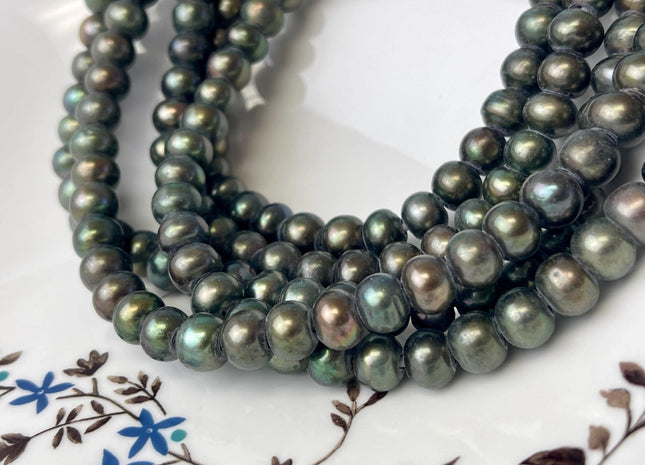 9 mm Large Hole Round Button Dark Olive Green Freshwater Pearl Beads Hole 2.1 mm Genuine Rondelle Freshwater Pearls #P2981