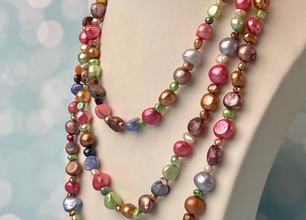 8-10 mm 54 Inches Hand Knotted Mixed Purple Green Orange Color Rice Nugget Freshwater Pearl Necklaces #P2975