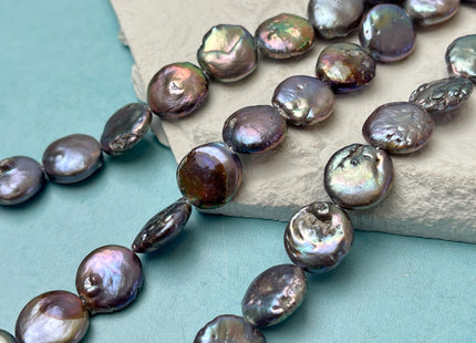 12-13 mm Dark Gray Color Coin Freshwater Pearl Beads Genuine High Luster Round Coin Shape Freshwater Coin Pearls C Grade #P3162