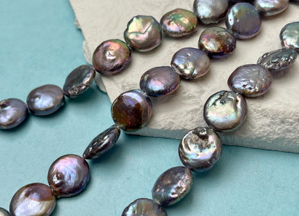 12-13 mm Dark Gray Color Coin Freshwater Pearl Beads Genuine High Luster Round Coin Shape Freshwater Coin Pearls C Grade #P3162