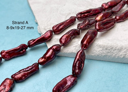 8-12x17-27 mm AA Burgundy Red Color Biwa Stick Freshwater Pearl Beads Genuine High Luster Biwa Stick Freshwater Pearl Beads #P3163