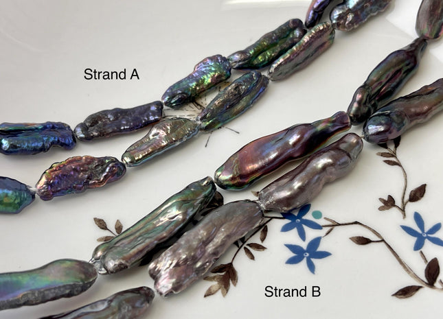 8-10x18-37 mm Rainbow Peacock Color Biwa Stick Freshwater Pearl Beads Genuine Super High Luster Unique Keshi Long Stick Pearl #P3168