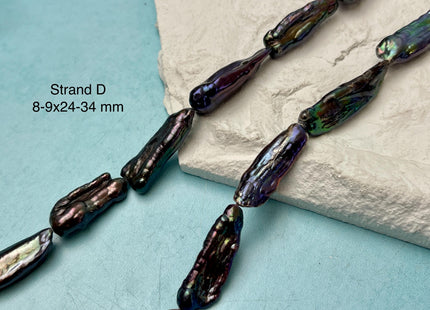 8-10x18-37 mm Rainbow Peacock Color Biwa Stick Freshwater Pearl Beads Genuine Super High Luster Unique Keshi Long Stick Pearl #P3168
