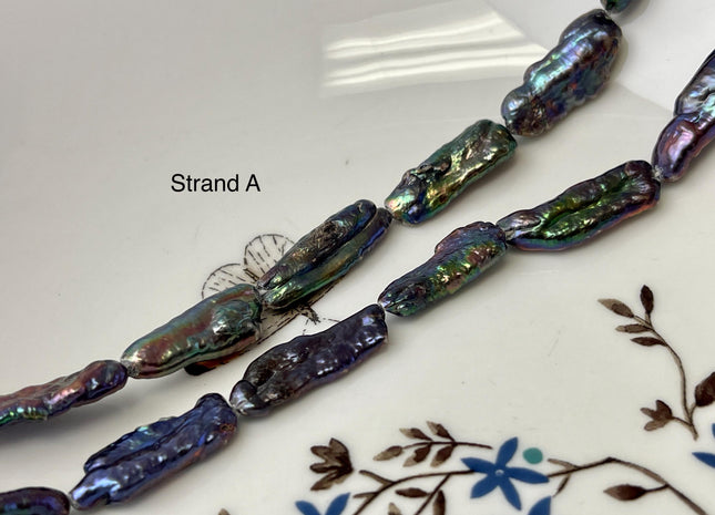 8-10x18-37 mm Rainbow Peacock Color Biwa Stick Freshwater Pearl Beads Genuine Super High Luster Unique Keshi Long Stick Pearl #P3168