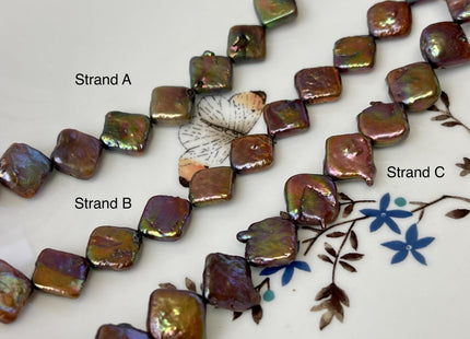 11-12 mm Brown Peacock W/ Iridescent Green Color Diamond Square Coin Shape Freshwater Pearl Beads Genuine High Luster Coin Pearl Bead #P3171