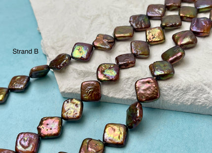11-12 mm Brown Peacock W/ Iridescent Green Color Diamond Square Coin Shape Freshwater Pearl Beads Genuine High Luster Coin Pearl Bead #P3171