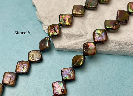11-12 mm Brown Peacock W/ Iridescent Green Color Diamond Square Coin Shape Freshwater Pearl Beads Genuine High Luster Coin Pearl Bead #P3171