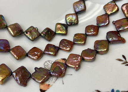 11-12 mm Brown Peacock W/ Iridescent Green Color Diamond Square Coin Shape Freshwater Pearl Beads Genuine High Luster Coin Pearl Bead #P3171