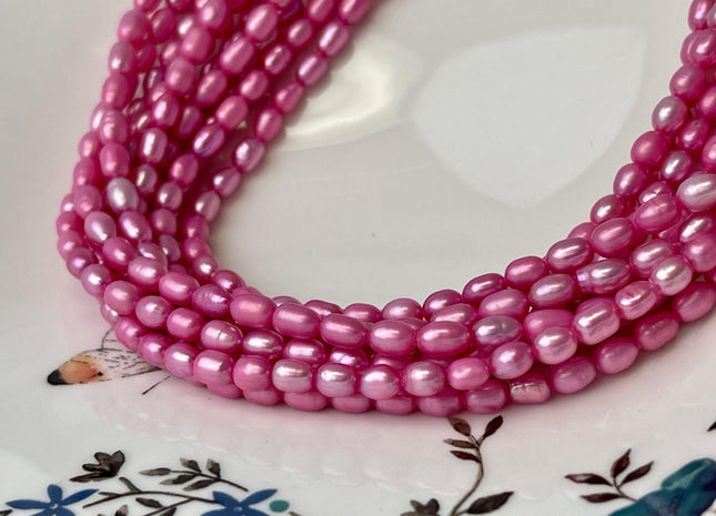 4-4.5x6-7 mm AA Fuchsia Pink Color Rice/Oval Freshwater Pearl Beads Genuine Cultured High Luster Freshwater Pearls 60 Pieces #P3048