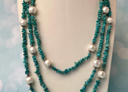 64 Inches 6-11 mm Natural White Potato and Turquoise Chips Freshwater Pearl Necklace Bridal Pearl Necklace Genuine Pearl Necklaces #P3029