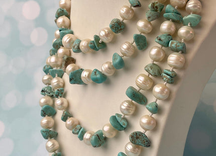64 Inches 10-17 mm Natural White Potato and Turquoise Chips Freshwater Pearl Necklace Bridal Pearl Necklace Genuine Pearl Necklaces #P3030