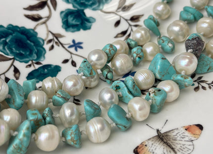 64 Inches 10-17 mm Natural White Potato and Turquoise Chips Freshwater Pearl Necklace Bridal Pearl Necklace Genuine Pearl Necklaces #P3030