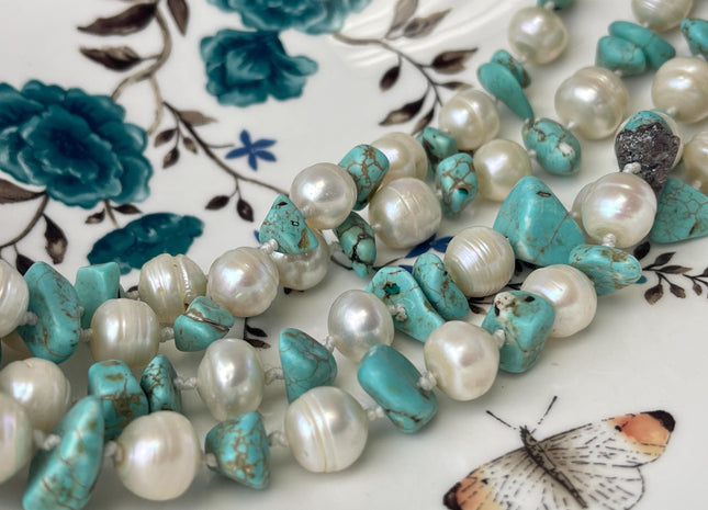 64 Inches 10-17 mm Natural White Potato and Turquoise Chips Freshwater Pearl Necklace Bridal Pearl Necklace Genuine Pearl Necklaces #P3030