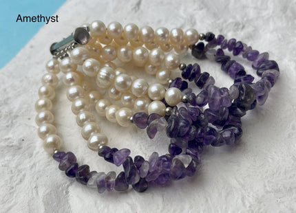 7.5 Inches 6-10 mm Natural White Potato and Gemstone Chips Freshwater Genuine Pearl Bracelet W/ 925 Sterling Silver Layered Clasp #P3033