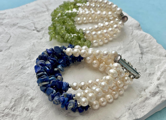7.5 Inches 6-10 mm Natural White Potato and Gemstone Chips Freshwater Genuine Pearl Bracelet W/ 925 Sterling Silver Layered Clasp #P3033
