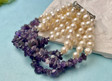 7.5 Inches 6-10 mm Natural White Potato and Gemstone Chips Freshwater Genuine Pearl Bracelet W/ 925 Sterling Silver Layered Clasp #P3033