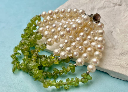 7.5 Inches 6-10 mm Natural White Potato and Gemstone Chips Freshwater Genuine Pearl Bracelet W/ 925 Sterling Silver Layered Clasp #P3033