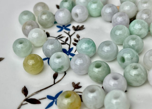 5 Pieces 9.5-10 mm Natural Green Yellow Color Smooth Round Shape Burmese Jade Beads 3.0 mm Hole Large Hole Round Jade Beads #4693