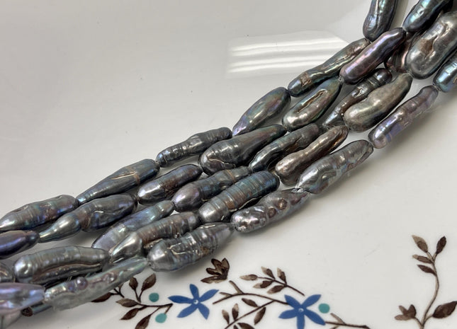 6-8x18-20 mm Gray Peacock Freshwater Biwa/Stick Pearls Genuine Peacock Biwa Stick Freshwater Pearls #P3205