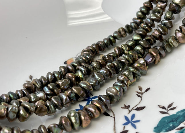 8-10 mm AA Dark Green Peacock Color Keshi Freshwater Pearl Beads Genuine High Luster Center Drilled Rondelle Disc Pearl Beads #P3187