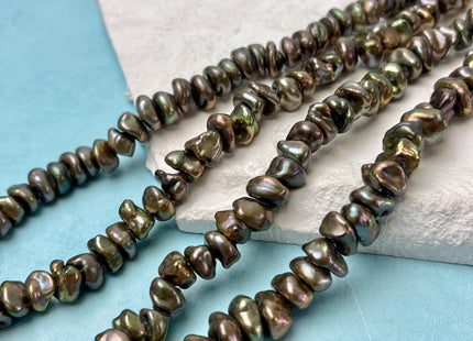 8-10 mm AA Dark Green Peacock Color Keshi Freshwater Pearl Beads Genuine High Luster Center Drilled Rondelle Disc Pearl Beads #P3187