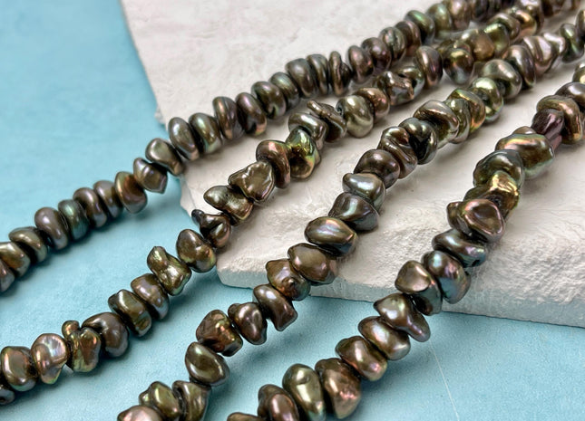 8-10 mm AA Dark Green Peacock Color Keshi Freshwater Pearl Beads Genuine High Luster Center Drilled Rondelle Disc Pearl Beads #P3187