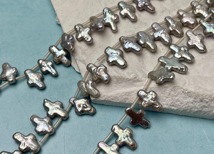 5 Pieces 7-8x13-14 mm High Luster Top Drilled Gray Color Cross Coin Freshwater Pearl Genuine Unique Freshwater Pearl Beads #P3190