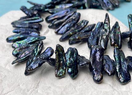 7-10x18-37 mm Dark Blue Peacock Biwa Stick Freshwater Pearl Beads Genuine Cultured Center Drilled Biwa Freshwater Pearl Beads #P3191