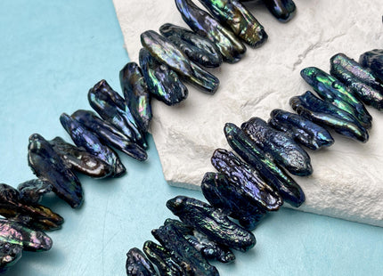 7-10x18-37 mm Dark Blue Peacock Biwa Stick Freshwater Pearl Beads Genuine Cultured Center Drilled Biwa Freshwater Pearl Beads #P3191