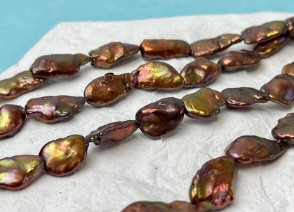 10x13-15 mm AA Copper Brown With Iridescent Gold Green Color Keshi Freshwater Pearl Beads Flat Nugget High Luster Nugger Keshi Pearls #1496