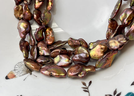 10x13-15 mm AA Copper Brown With Iridescent Gold Green Color Keshi Freshwater Pearl Beads Flat Nugget High Luster Nugger Keshi Pearls #1496