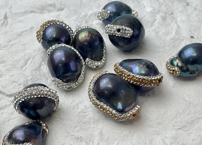 16-20x20-36 mm Large Hole Center Drilled High Quality Peacock Baroque Pearls w/Half Pave Rhinestone CZ Pendant Beads 2.2 mm Hole #P3063