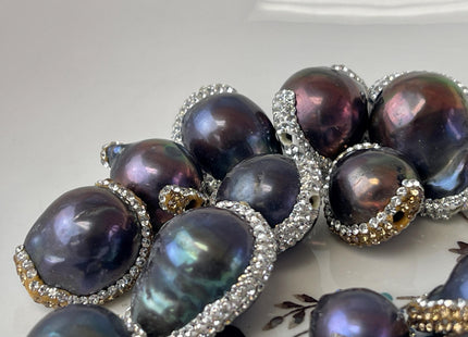 16-20x20-36 mm Large Hole Center Drilled High Quality Peacock Baroque Pearls w/Half Pave Rhinestone CZ Pendant Beads 2.2 mm Hole #P3063